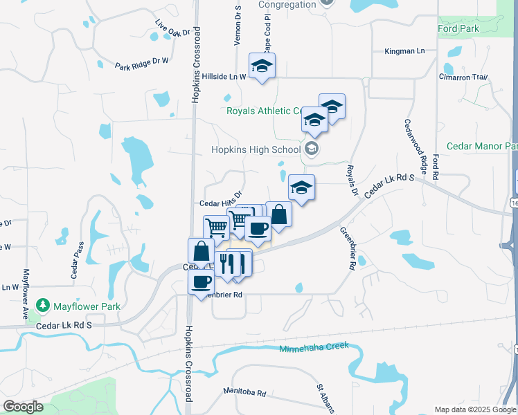 map of restaurants, bars, coffee shops, grocery stores, and more near 10860 Cedar Bend in Minnetonka