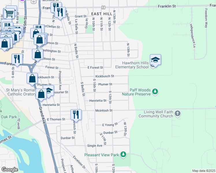 map of restaurants, bars, coffee shops, grocery stores, and more near 1107 Plumer St in Wausau