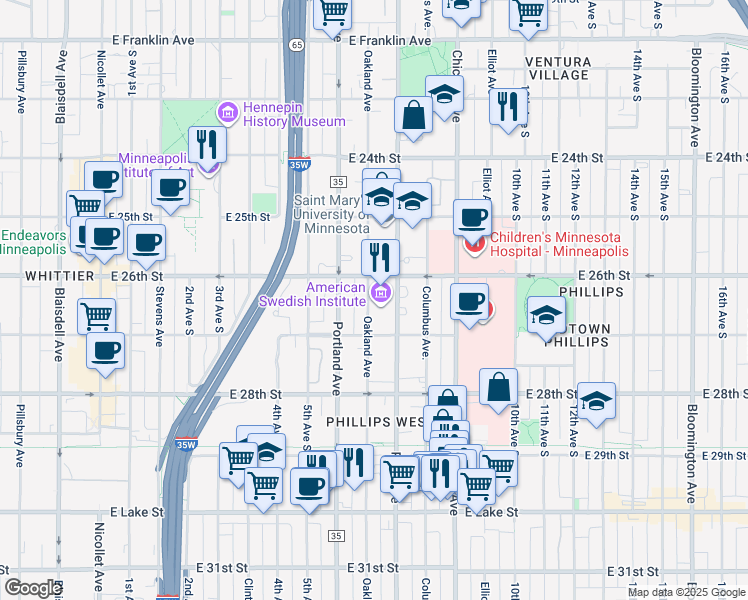 map of restaurants, bars, coffee shops, grocery stores, and more near 2600 Park Avenue in Minneapolis