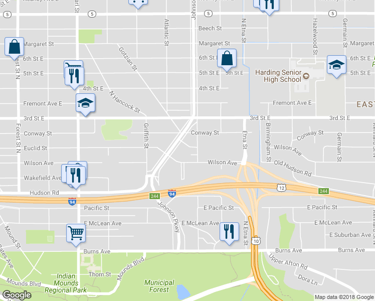 map of restaurants, bars, coffee shops, grocery stores, and more near 1280 Euclid Street in Saint Paul