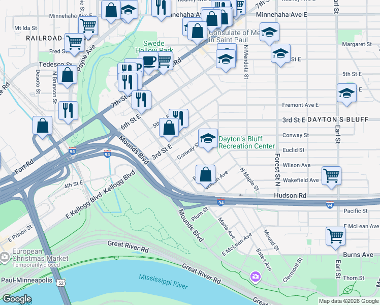 map of restaurants, bars, coffee shops, grocery stores, and more near 695 Conway Street in Saint Paul