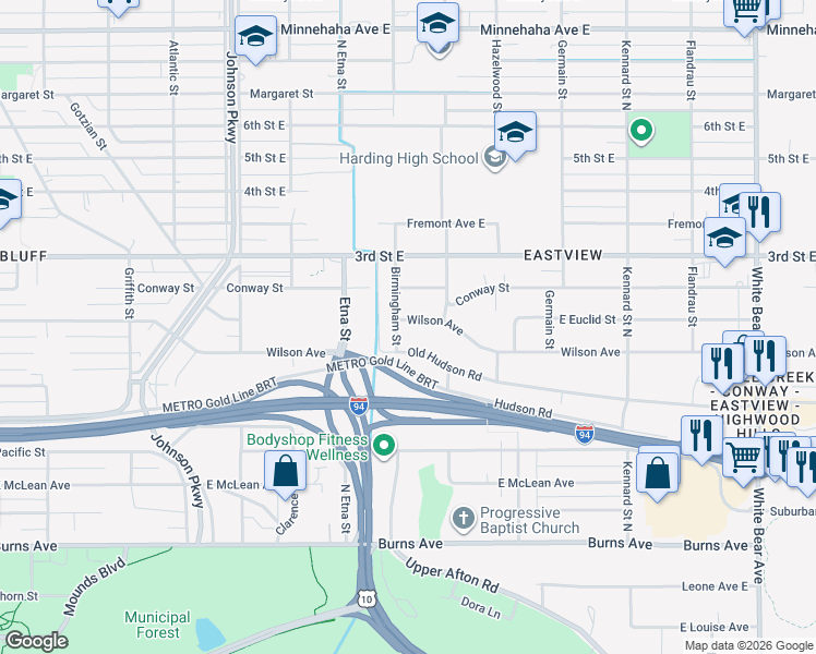 map of restaurants, bars, coffee shops, grocery stores, and more near 1450 Wilson Avenue in Saint Paul