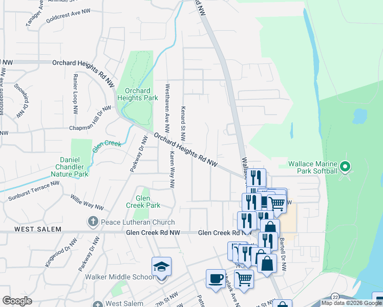 map of restaurants, bars, coffee shops, grocery stores, and more near 923 Orchard Heights Road Northwest in Salem