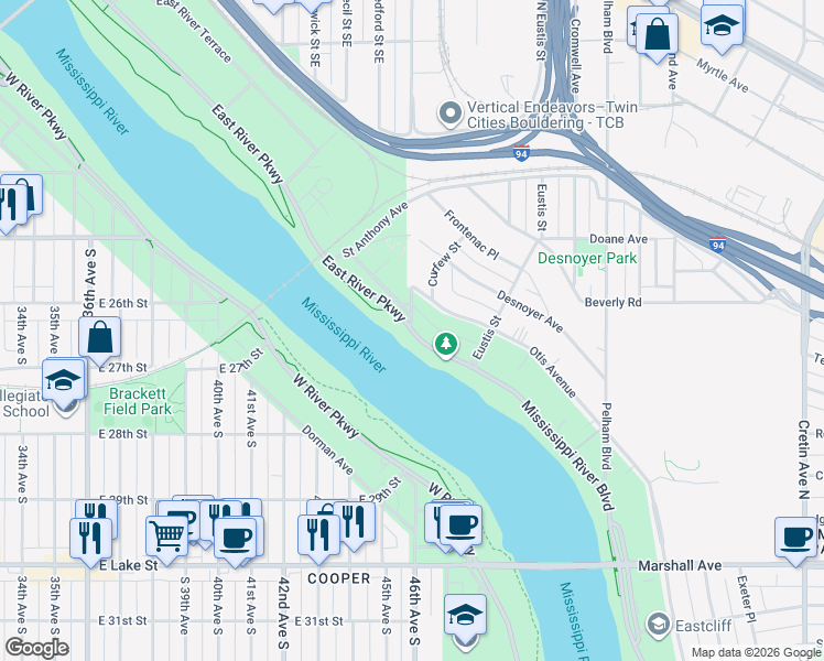 map of restaurants, bars, coffee shops, grocery stores, and more near 2100-2194 E River Pkwy in Minneapolis