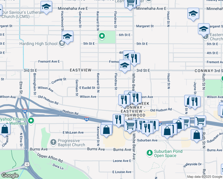 map of restaurants, bars, coffee shops, grocery stores, and more near 1706 East Euclid Street in Saint Paul