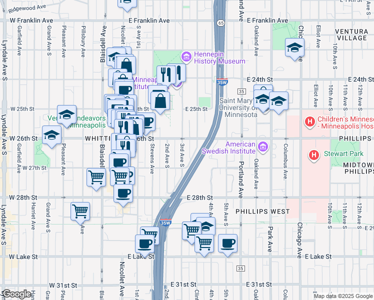 map of restaurants, bars, coffee shops, grocery stores, and more near 2617 3rd Avenue South in Minneapolis
