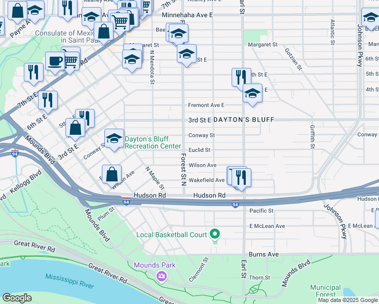 map of restaurants, bars, coffee shops, grocery stores, and more near 960 Euclid Street in Saint Paul