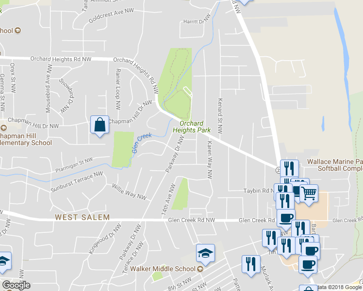 map of restaurants, bars, coffee shops, grocery stores, and more near 1370 Parkway Drive Northwest in Salem