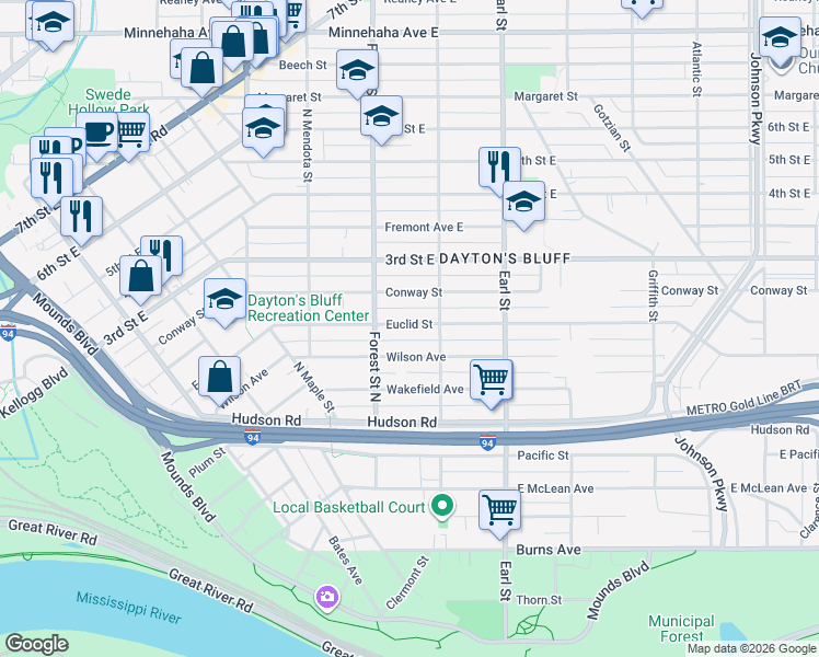 map of restaurants, bars, coffee shops, grocery stores, and more near 960 Euclid Street in Saint Paul