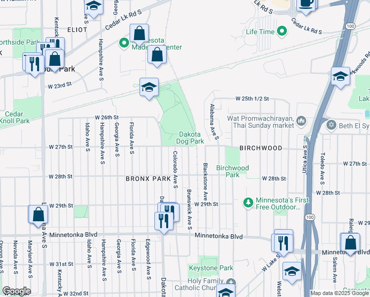 map of restaurants, bars, coffee shops, grocery stores, and more near 2700 Brunswick Avenue South in Minneapolis