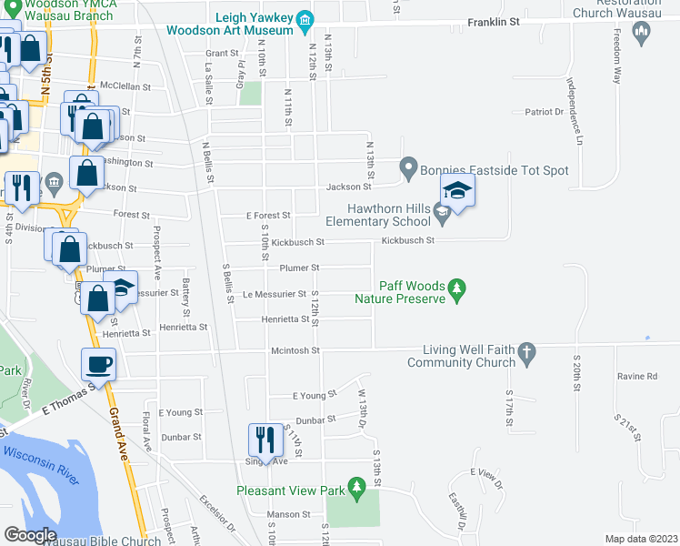 map of restaurants, bars, coffee shops, grocery stores, and more near 1219 Plumer Street in Wausau