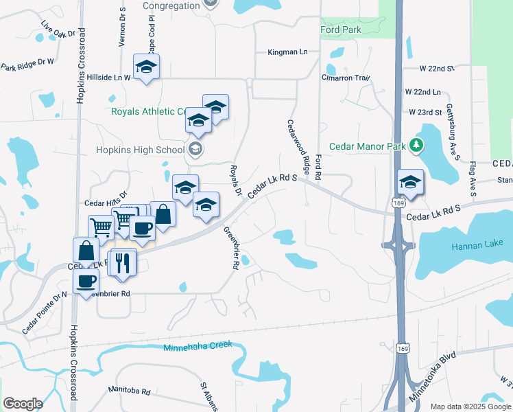 map of restaurants, bars, coffee shops, grocery stores, and more near 10201 Cedar Lake Road in Hopkins