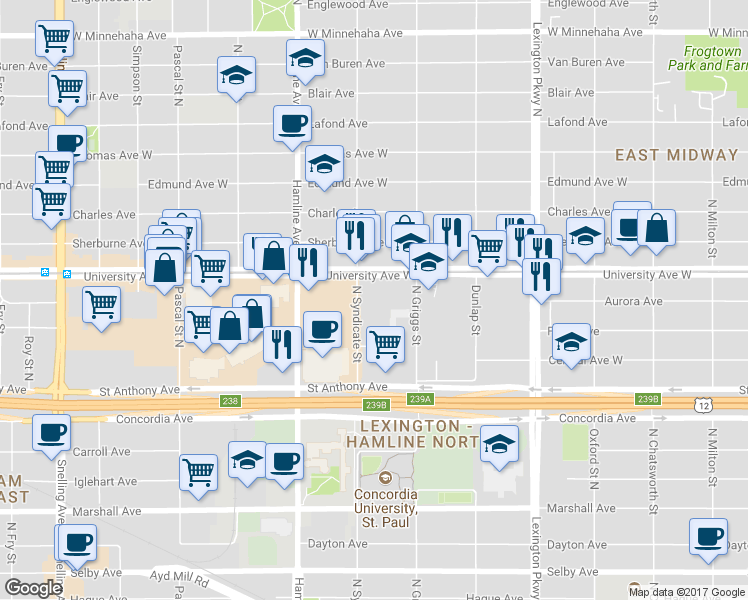 map of restaurants, bars, coffee shops, grocery stores, and more near 450 North Syndicate Street in Saint Paul