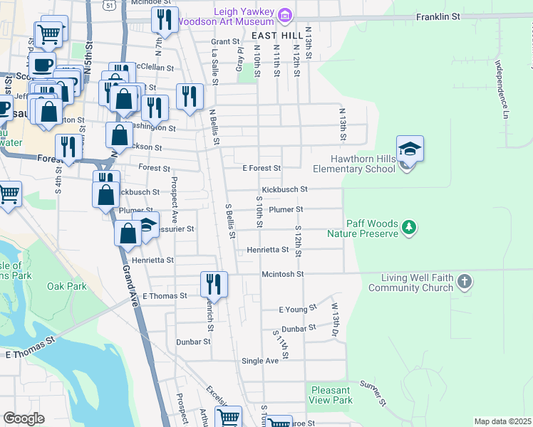 map of restaurants, bars, coffee shops, grocery stores, and more near 1005 Plumer Street in Wausau
