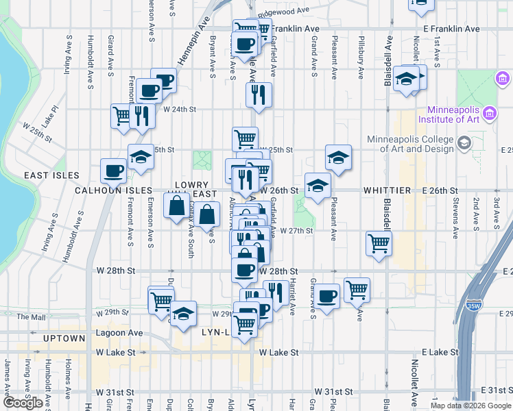map of restaurants, bars, coffee shops, grocery stores, and more near in Minneapolis