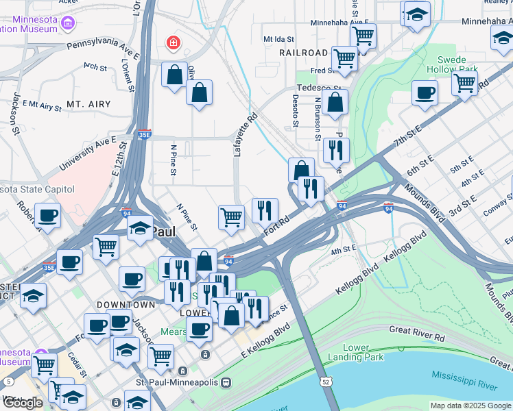 map of restaurants, bars, coffee shops, grocery stores, and more near 444 Lafayette Road in Saint Paul