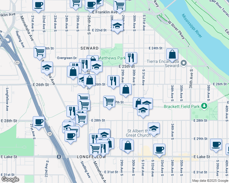map of restaurants, bars, coffee shops, grocery stores, and more near 2619 South 28th Avenue in Minneapolis