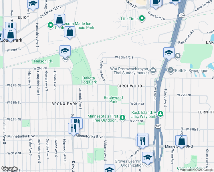 map of restaurants, bars, coffee shops, grocery stores, and more near 2701 Alabama Avenue South in Minneapolis