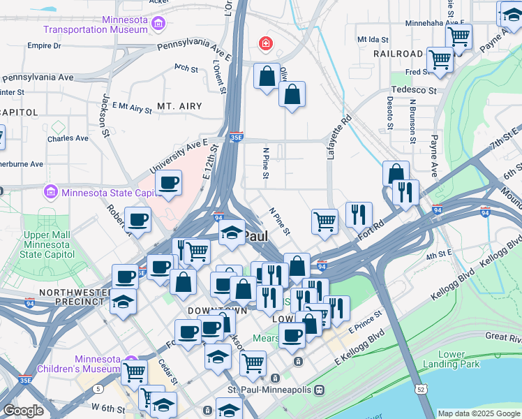 map of restaurants, bars, coffee shops, grocery stores, and more near 540 Broadway Street in Saint Paul