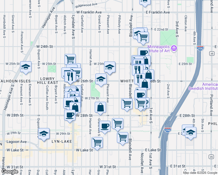 map of restaurants, bars, coffee shops, grocery stores, and more near 2618 Pleasant Avenue in Minneapolis