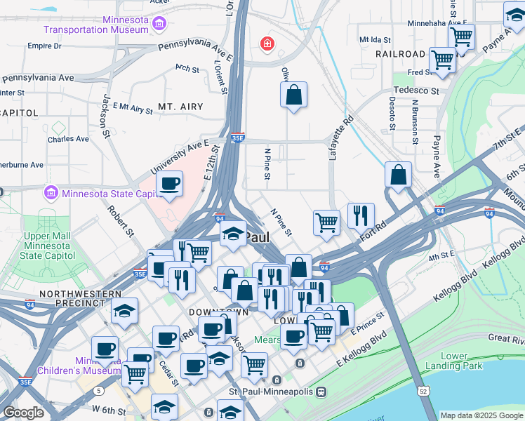 map of restaurants, bars, coffee shops, grocery stores, and more near 540 Broadway Street in Saint Paul