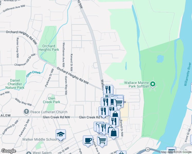 map of restaurants, bars, coffee shops, grocery stores, and more near 1355 Wallace Road Northwest in Salem