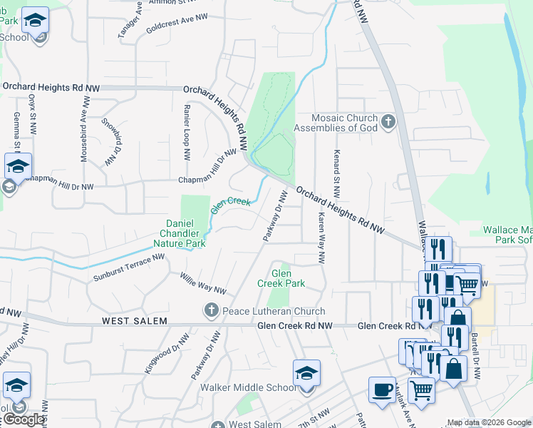 map of restaurants, bars, coffee shops, grocery stores, and more near 1370 Parkway Drive Northwest in Salem
