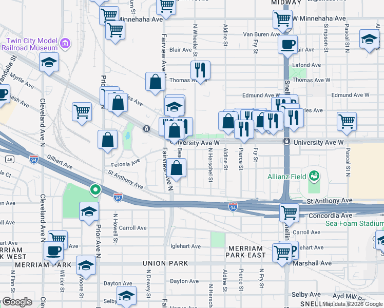 map of restaurants, bars, coffee shops, grocery stores, and more near 464 Beacon Avenue in Saint Paul