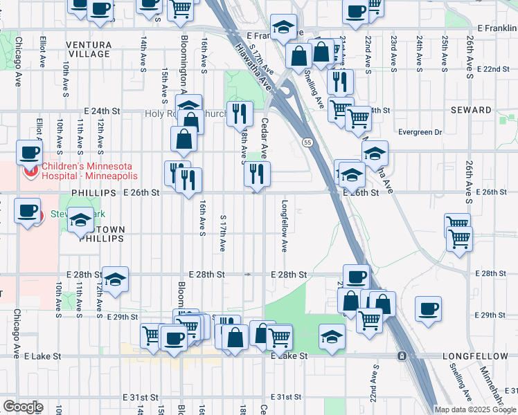 map of restaurants, bars, coffee shops, grocery stores, and more near 2612 Cedar Avenue in Minneapolis