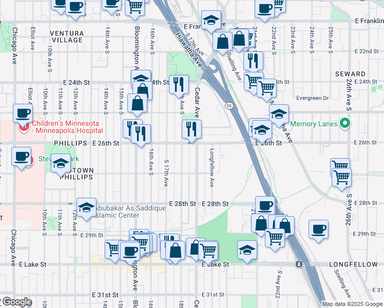 map of restaurants, bars, coffee shops, grocery stores, and more near 2612 Cedar Avenue in Minneapolis