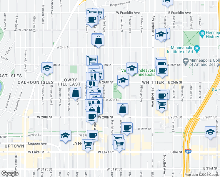 map of restaurants, bars, coffee shops, grocery stores, and more near 2615 Garfield Avenue in Minneapolis