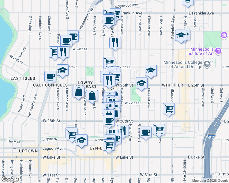 map of restaurants, bars, coffee shops, grocery stores, and more near in Minneapolis