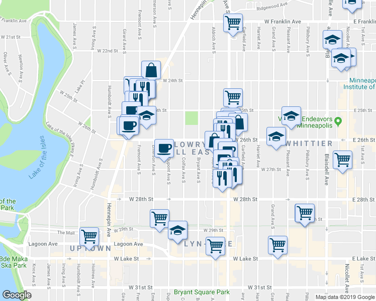 map of restaurants, bars, coffee shops, grocery stores, and more near 2618 Bryant Avenue South in Minneapolis