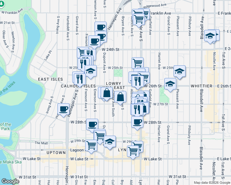 map of restaurants, bars, coffee shops, grocery stores, and more near 2618 Bryant Avenue South in Minneapolis