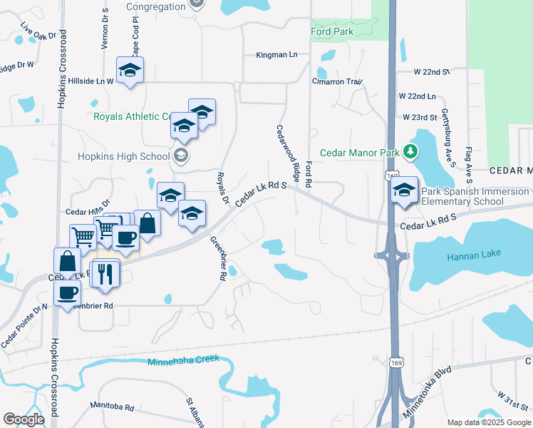 map of restaurants, bars, coffee shops, grocery stores, and more near 10111 Cedar Lake Road in Minnetonka