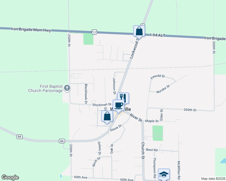 map of restaurants, bars, coffee shops, grocery stores, and more near 241 Johnson Street in Woodville