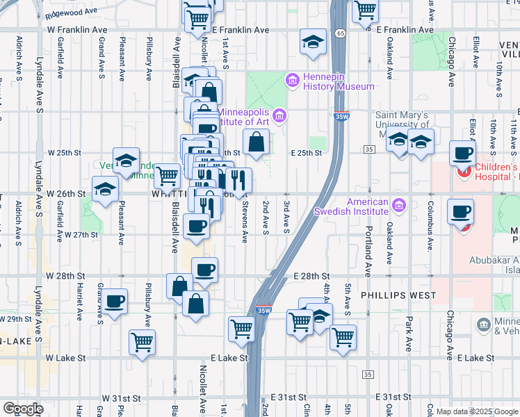 map of restaurants, bars, coffee shops, grocery stores, and more near 2612 2nd Avenue South in Minneapolis
