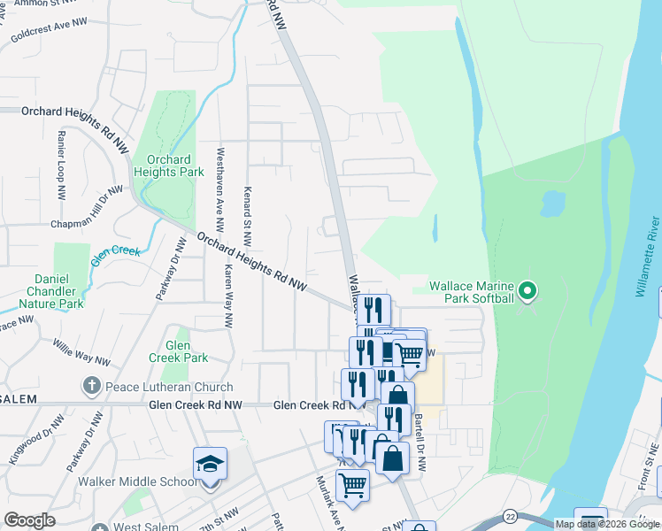 map of restaurants, bars, coffee shops, grocery stores, and more near 1355 Wallace Road Northwest in Salem