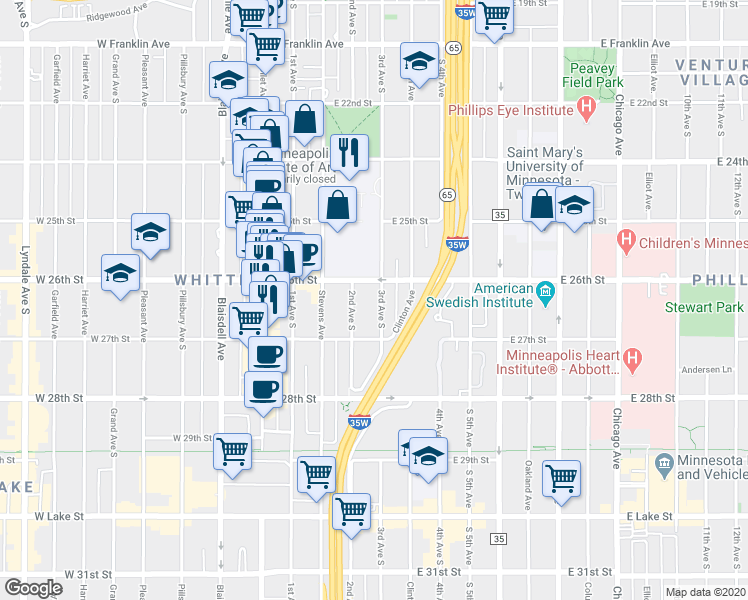 map of restaurants, bars, coffee shops, grocery stores, and more near 2612 3rd Avenue South in Minneapolis