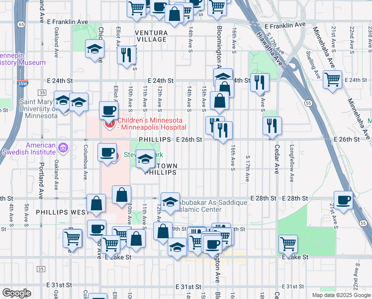 map of restaurants, bars, coffee shops, grocery stores, and more near 2616 14th Avenue South in Minneapolis