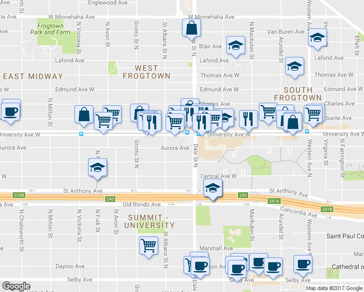 map of restaurants, bars, coffee shops, grocery stores, and more near 639 Aurora Avenue in Saint Paul