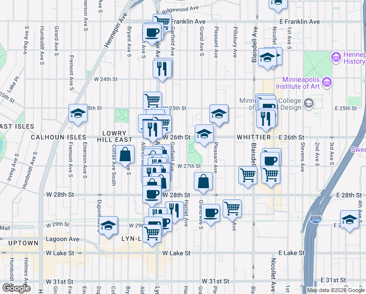 map of restaurants, bars, coffee shops, grocery stores, and more near 2615 Garfield Avenue in Minneapolis