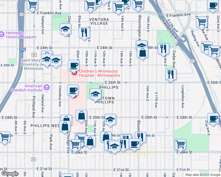 map of restaurants, bars, coffee shops, grocery stores, and more near 2618 13th Avenue South in Minneapolis