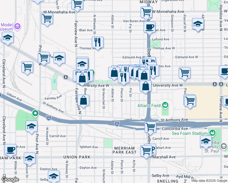 map of restaurants, bars, coffee shops, grocery stores, and more near 1690 Aldine Street in Saint Paul
