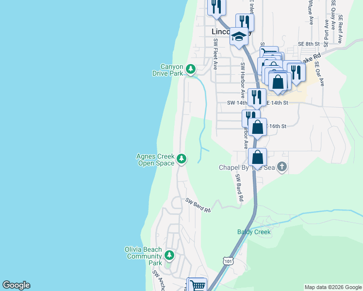 map of restaurants, bars, coffee shops, grocery stores, and more near 1858 Southwest Coast Avenue in Lincoln City