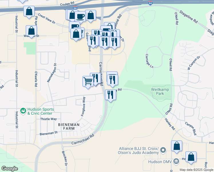 map of restaurants, bars, coffee shops, grocery stores, and more near 2501 Hanley Road in Hudson