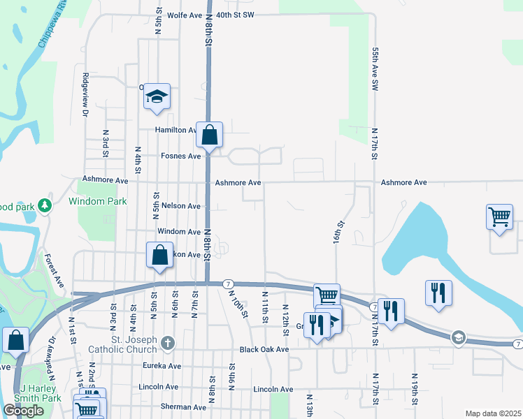 map of restaurants, bars, coffee shops, grocery stores, and more near 1011 North 11th Street in Montevideo