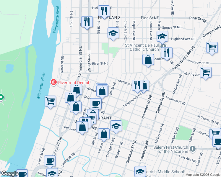 map of restaurants, bars, coffee shops, grocery stores, and more near 1695 5th Street Northeast in Salem