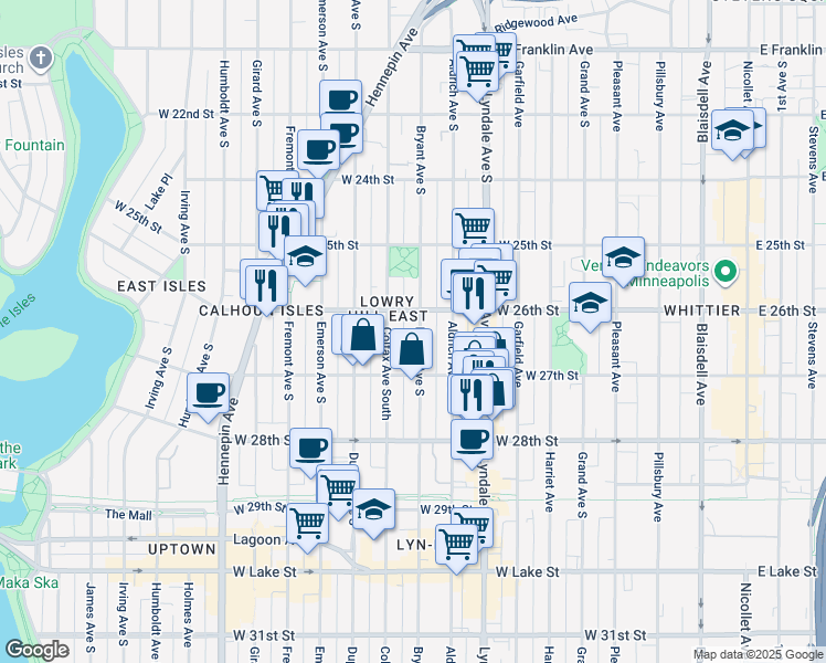 map of restaurants, bars, coffee shops, grocery stores, and more near 2618 Bryant Avenue South in Minneapolis