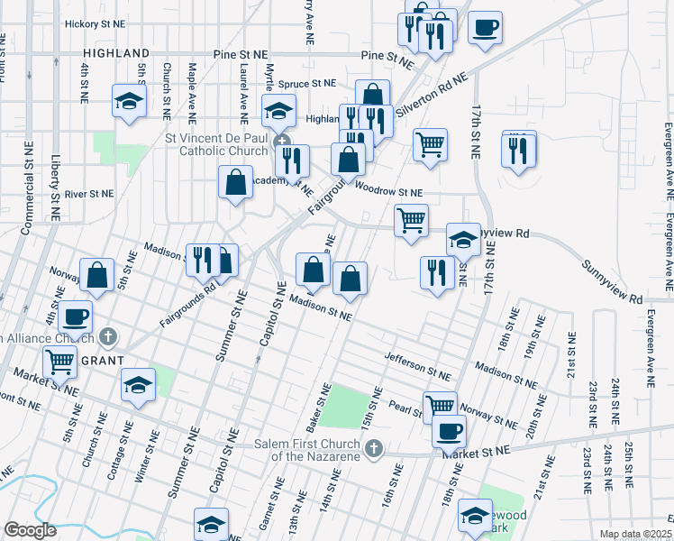 map of restaurants, bars, coffee shops, grocery stores, and more near 1981 Warner Street Northeast in Salem